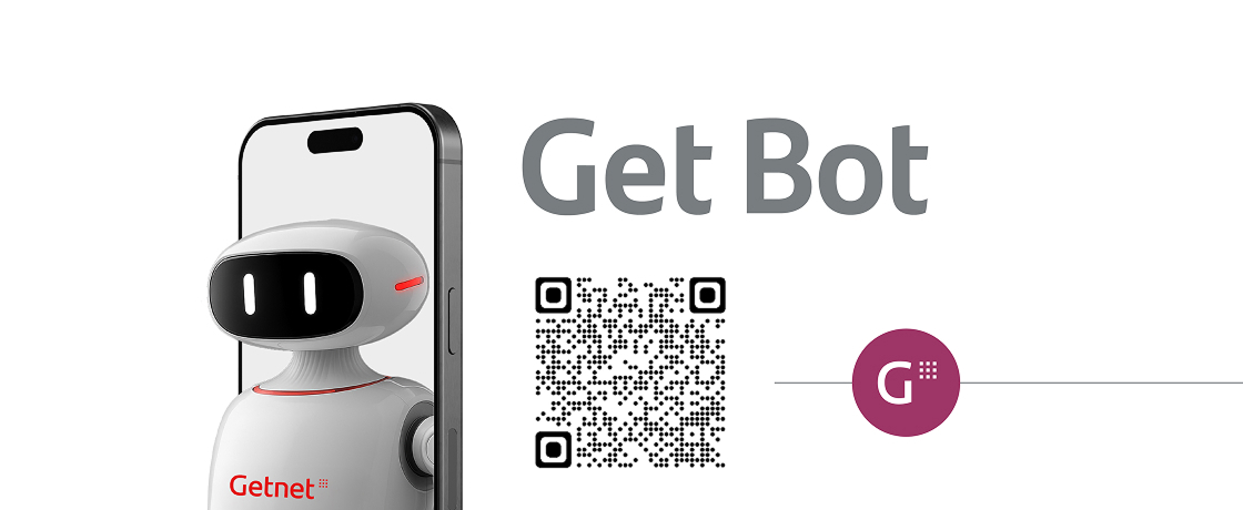 Robot GetBot con rótulo de Genet a la derecha con QR